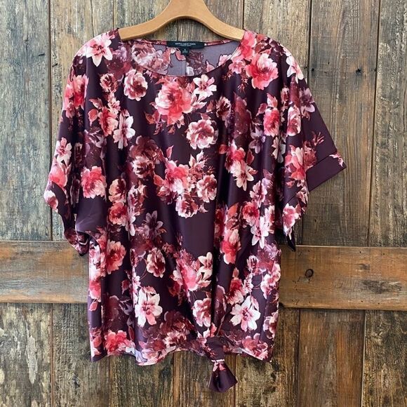 Marc New York Sz S NWT Purple Pink Satin Floral Hem Knotted Tie Blouse - Picture 2 of 10